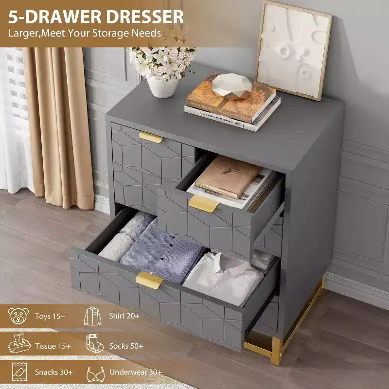 MDF 5-Drawer Dresser with Metal Legs