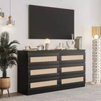 Commode Double en Bois et Rotin à 6 Tiroirs