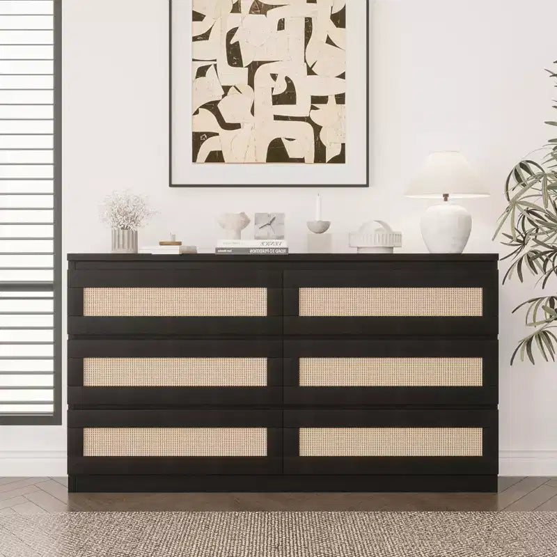 Wood Rattan 6-Drawer Double Dresser Chest