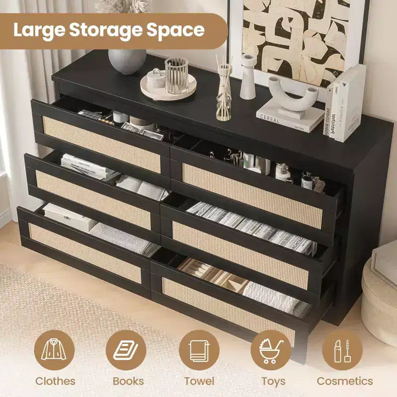 Wood Rattan 6-Drawer Double Dresser Chest