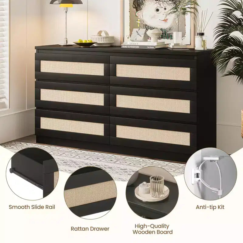 Wood Rattan 6-Drawer Double Dresser Chest