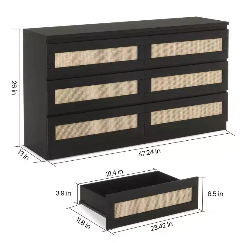 Wood Rattan 6-Drawer Double Dresser Chest