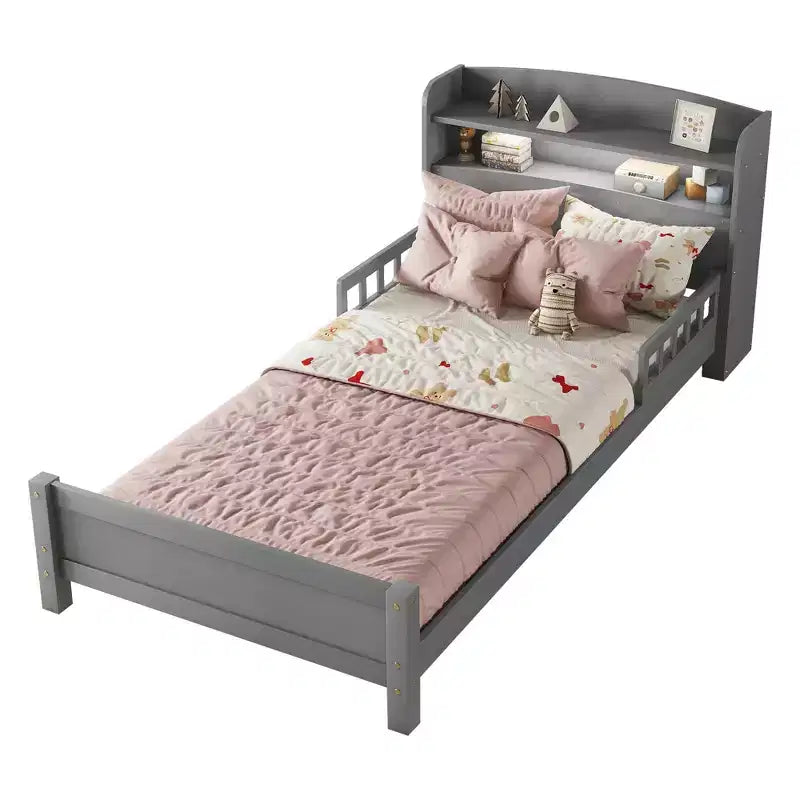 Pine Wood Twin Platform Bed with Bookcase Headboard and Safety Guardrails