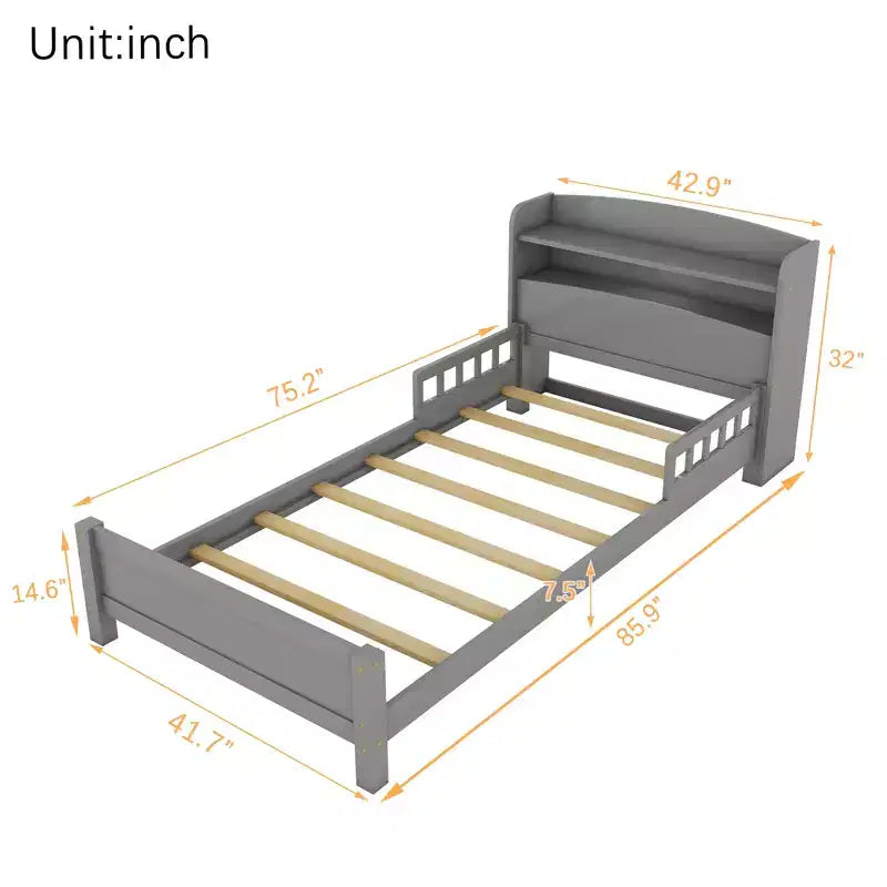 Pine Wood Twin Platform Bed with Bookcase Headboard and Safety Guardrails