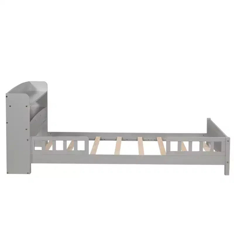 Pine Wood Twin Platform Bed with Bookcase Headboard and Safety Guardrails