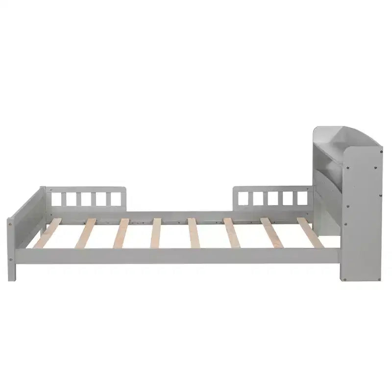 Pine Wood Twin Platform Bed with Bookcase Headboard and Safety Guardrails