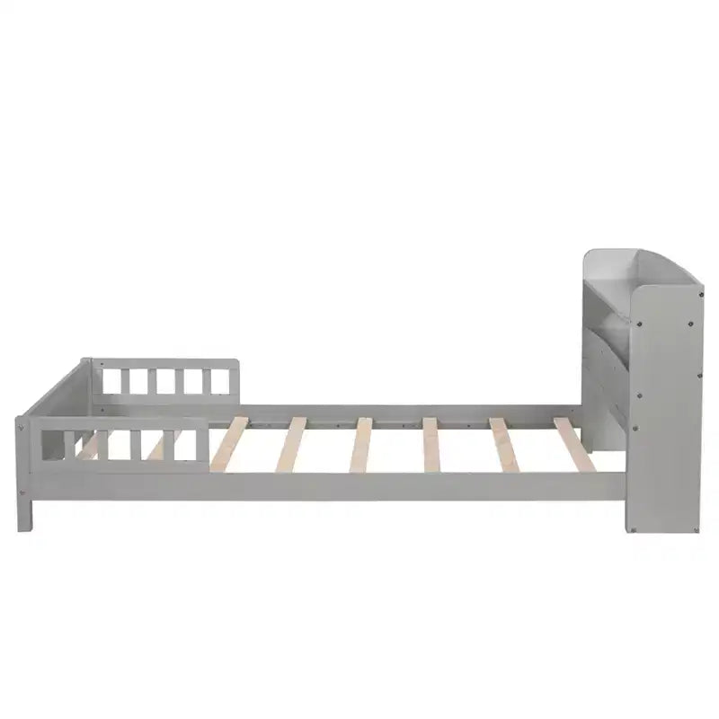 Pine Wood Twin Platform Bed with Bookcase Headboard and Safety Guardrails