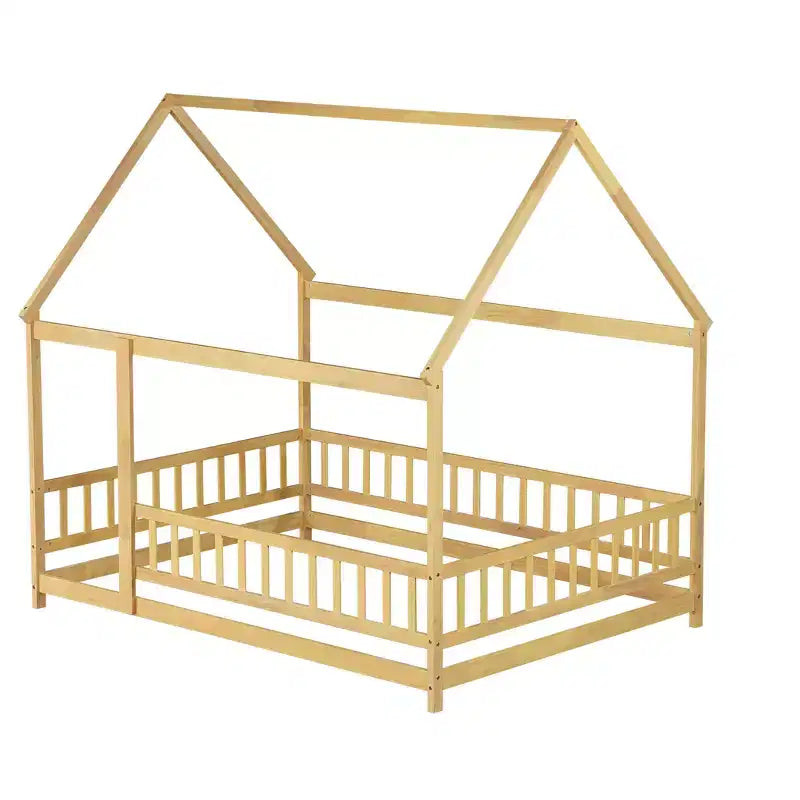 Rubberwood Full Platform Floor Bed with Safety Guardrails
