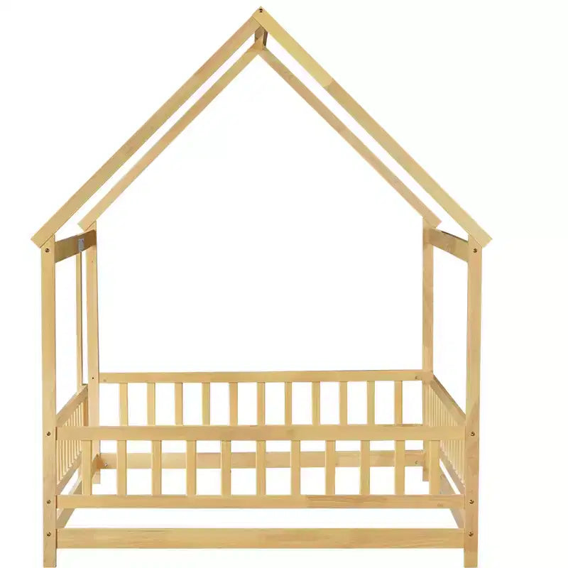 Rubberwood Full Platform Floor Bed with Safety Guardrails