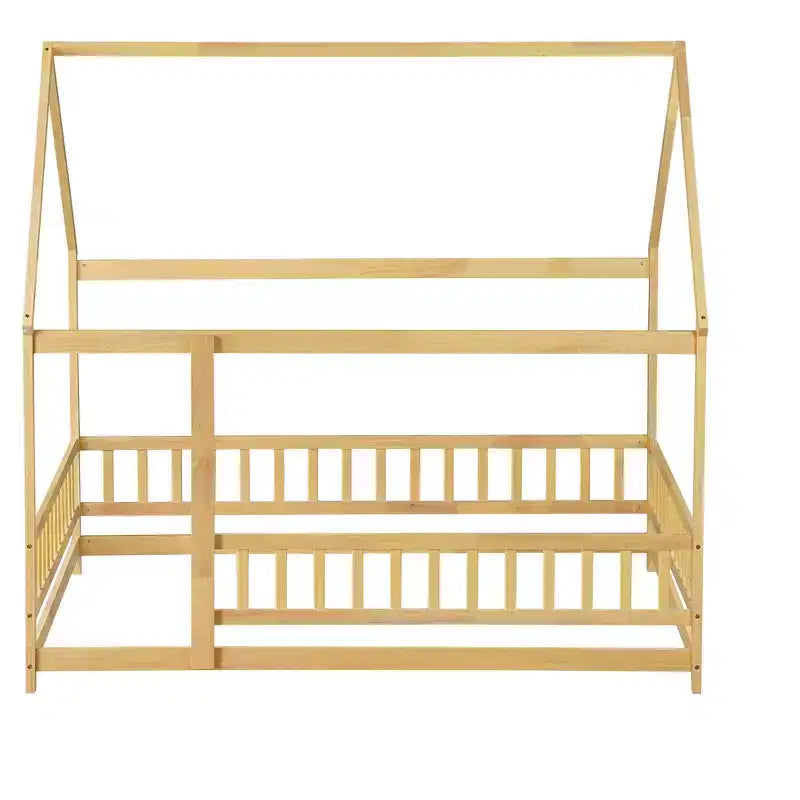 Rubberwood Full Platform Floor Bed with Safety Guardrails