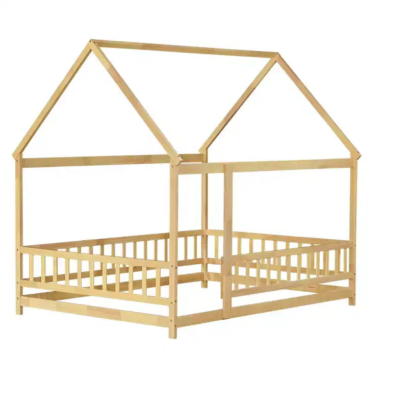 Rubberwood Full Platform Floor Bed with Safety Guardrails