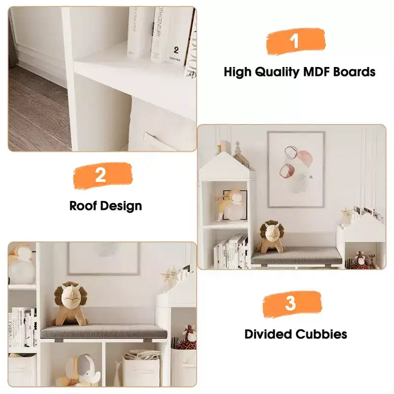 MDF Kids Bookcase and Toy Storage Organizer with Seat