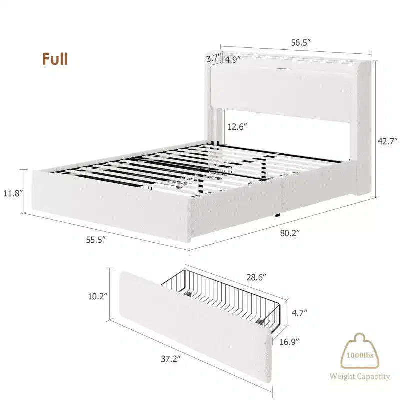 Boucle Upholstered Metal Frame Full Platform Bed with 4 Storage Drawers and LED Lights