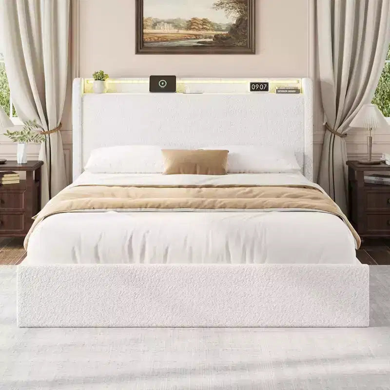 Boucle Upholstered Metal Frame Full Platform Bed with 4 Storage Drawers and LED Lights