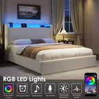 Lit plateforme double en métal rembourré en bouclé avec 4 tiroirs de rangement et lumières LED