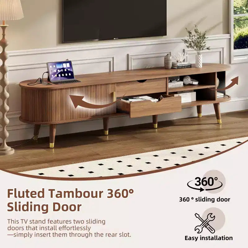 MDF TV Stand with Sliding Door and Charging Station for TVs up to 80"