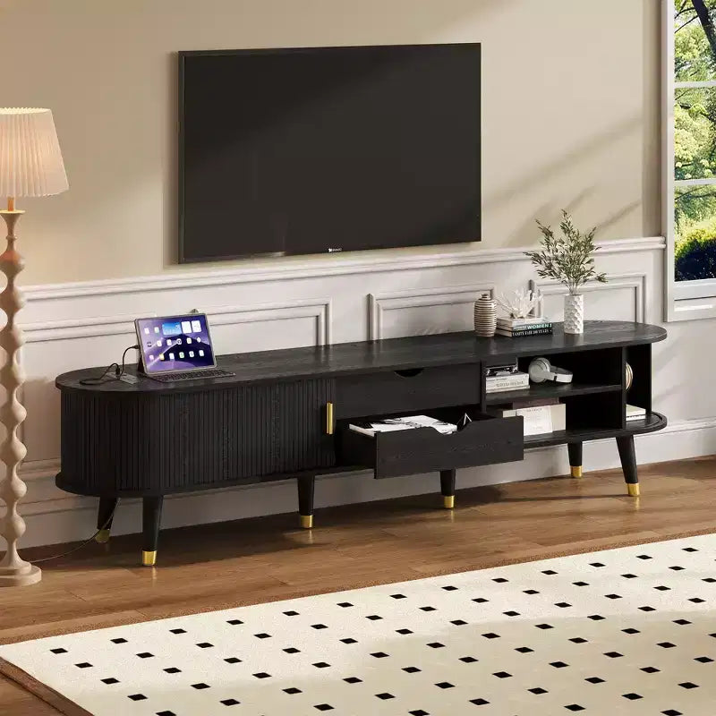 MDF TV Stand with Sliding Door and Charging Station for TVs up to 80"