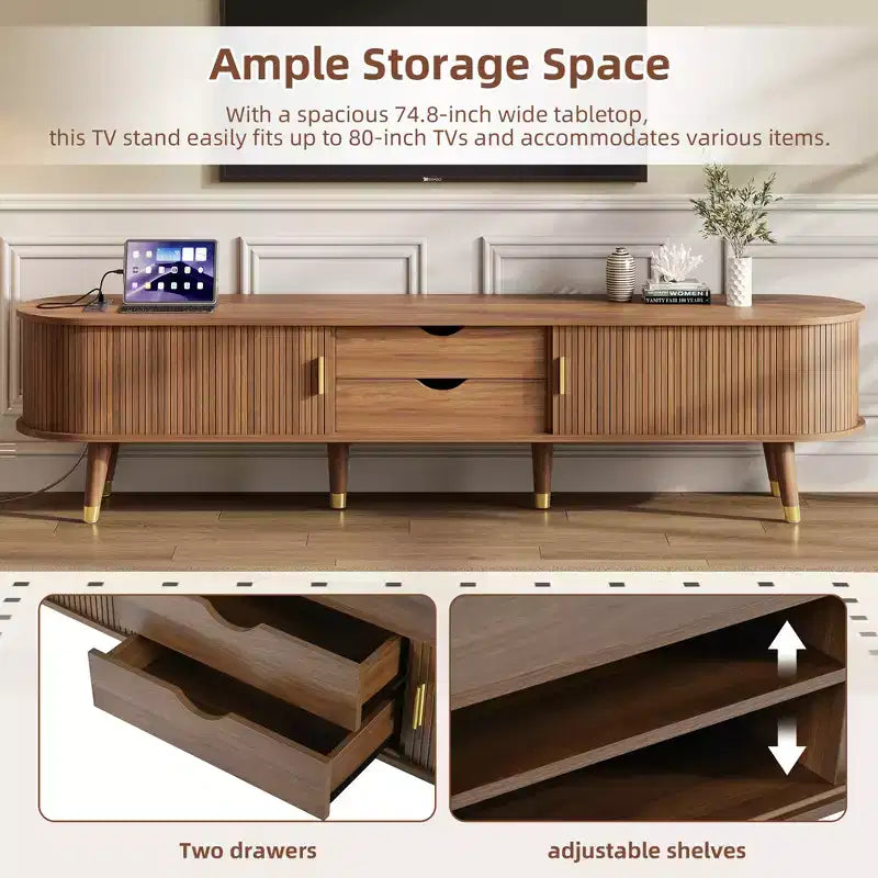 MDF TV Stand with Sliding Door and Charging Station for TVs up to 80"