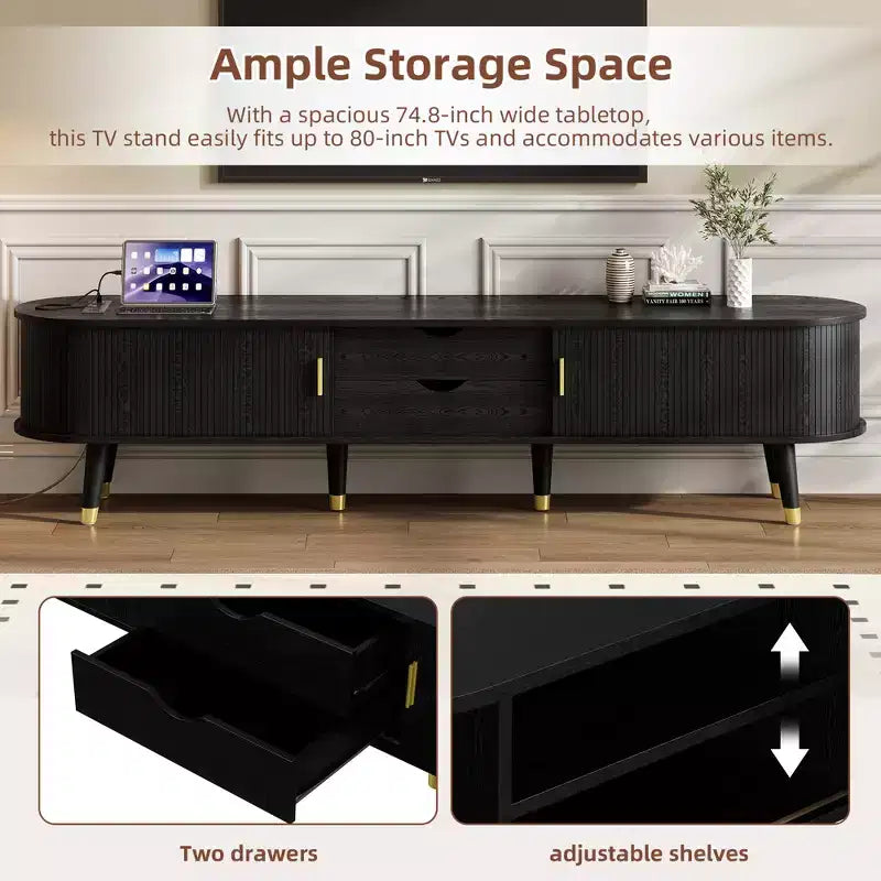 MDF TV Stand with Sliding Door and Charging Station for TVs up to 80"