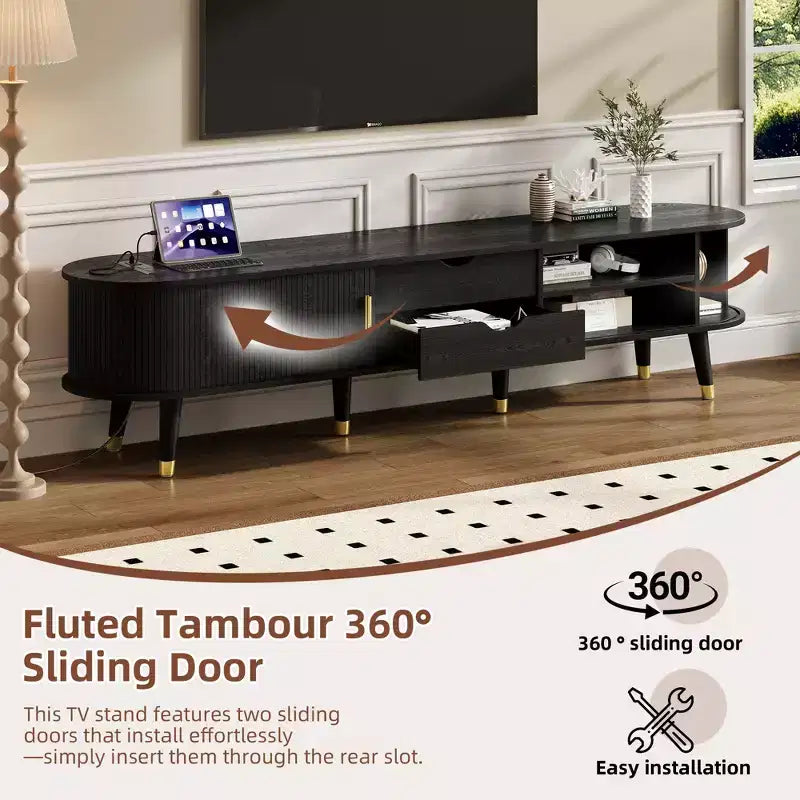 MDF TV Stand with Sliding Door and Charging Station for TVs up to 80"