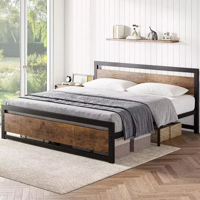 Metal Frame MDF Headboard King Platform Bed with Storage 14" Height