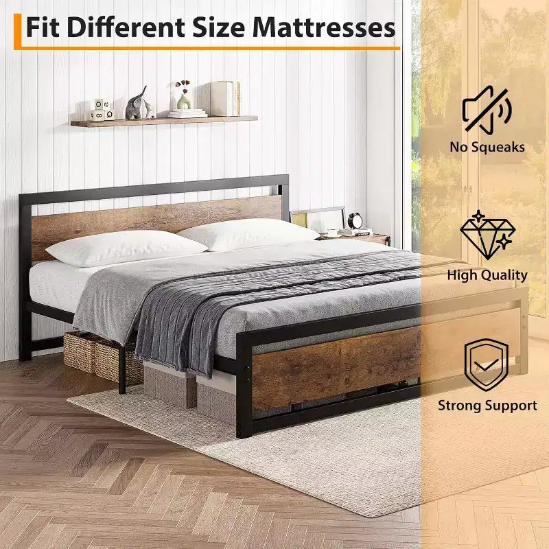 Metal Frame MDF Headboard King Platform Bed with Storage 14" Height