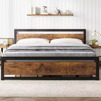 Lit plateforme King avec tête de lit en MDF et cadre en métal, avec rangement, hauteur 14 po