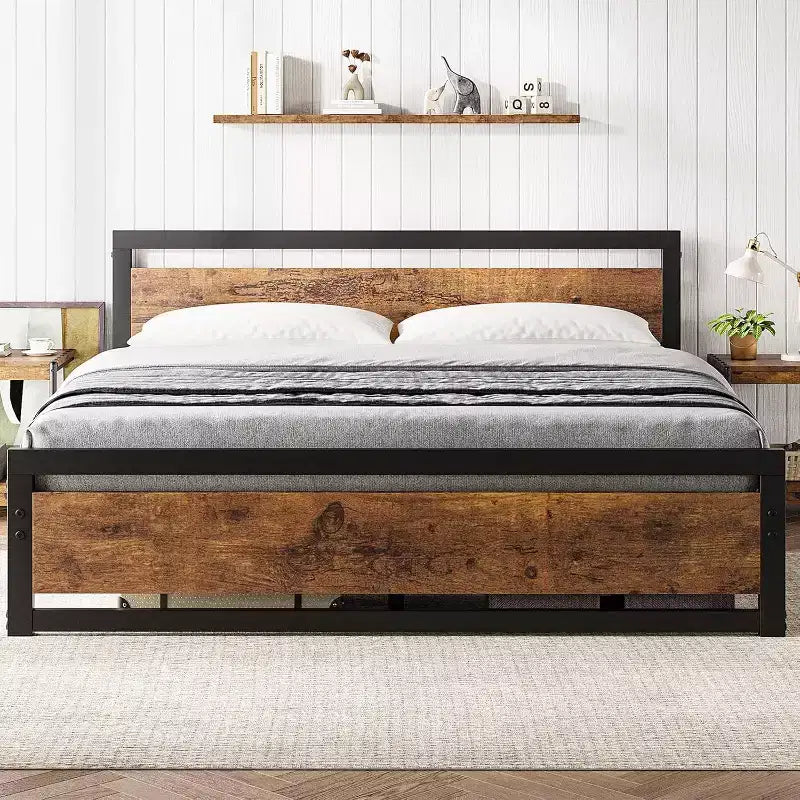 Metal Frame MDF Headboard King Platform Bed with Storage 14" Height