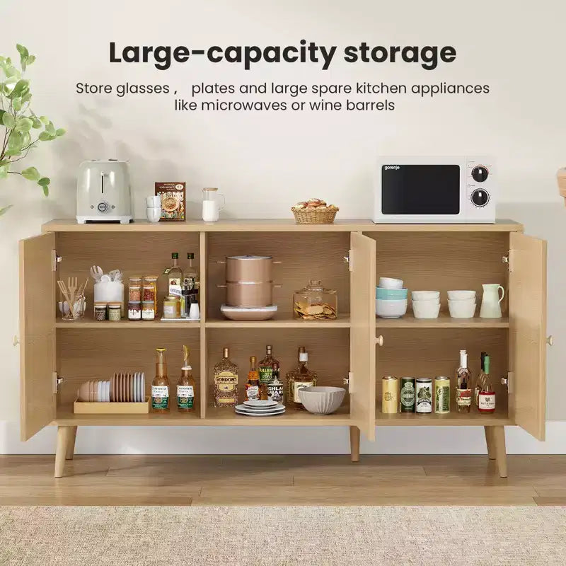 Wood Rattan 3-Door Kitchen Storage Cabinet 59"W x 16"D x 31"H