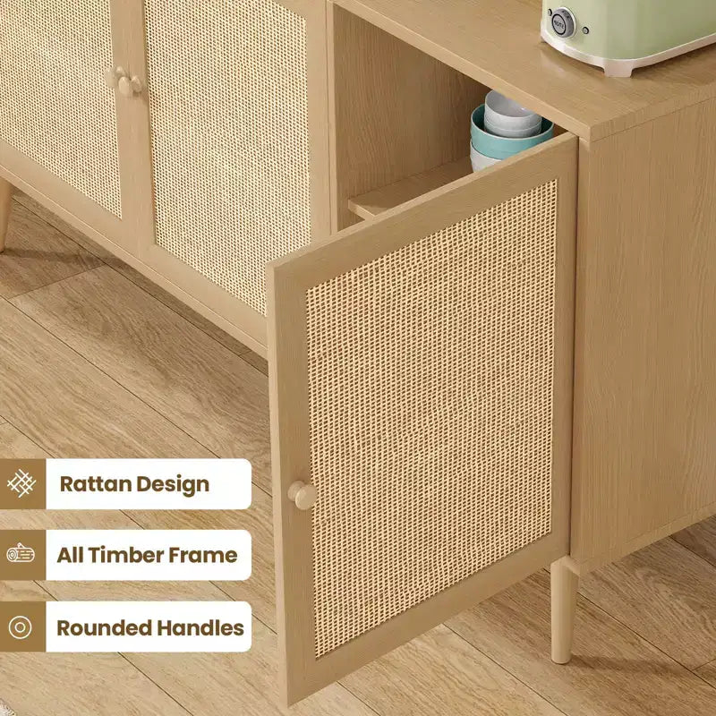 Wood Rattan 3-Door Kitchen Storage Cabinet 59"W x 16"D x 31"H
