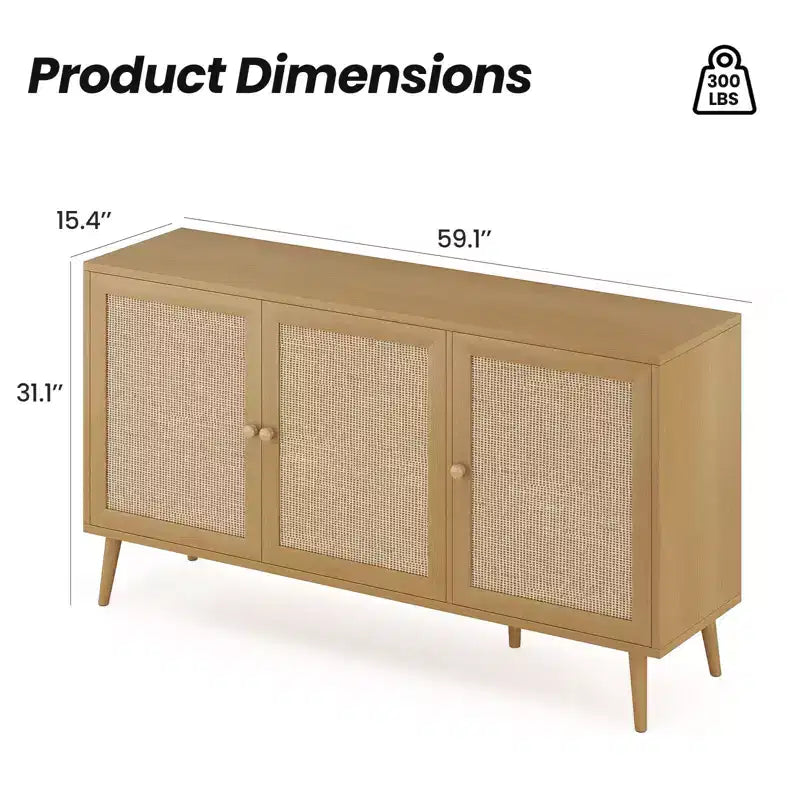 Wood Rattan 3-Door Kitchen Storage Cabinet 59"W x 16"D x 31"H