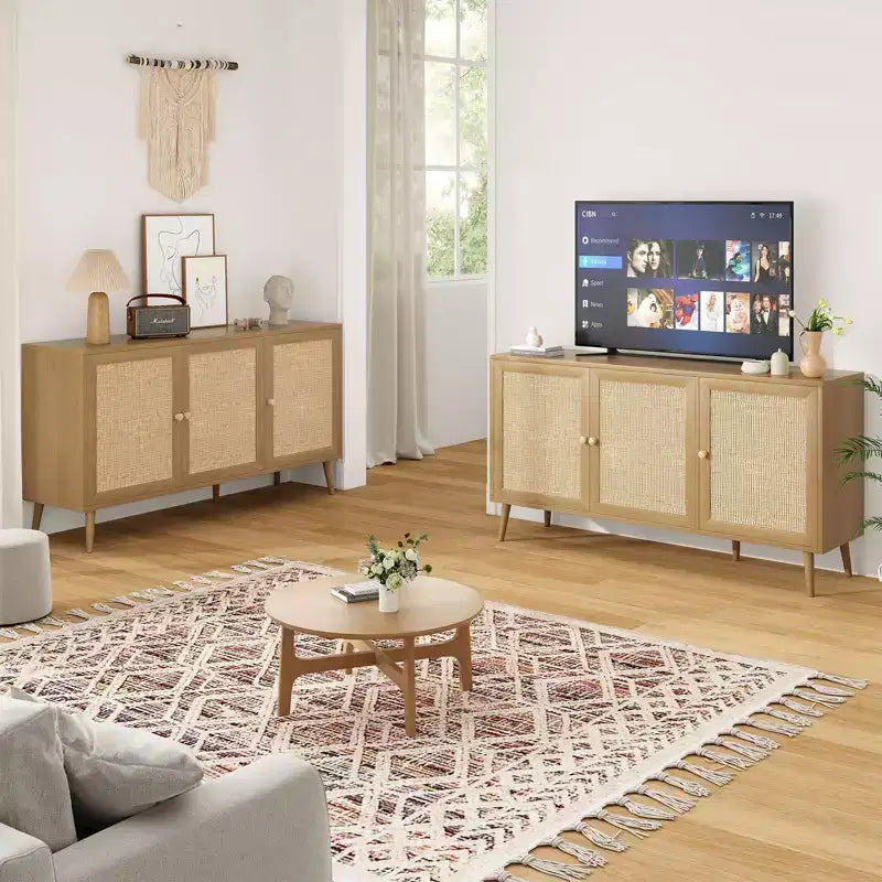 Wood Rattan 3-Door Kitchen Storage Cabinet 59"W x 16"D x 31"H