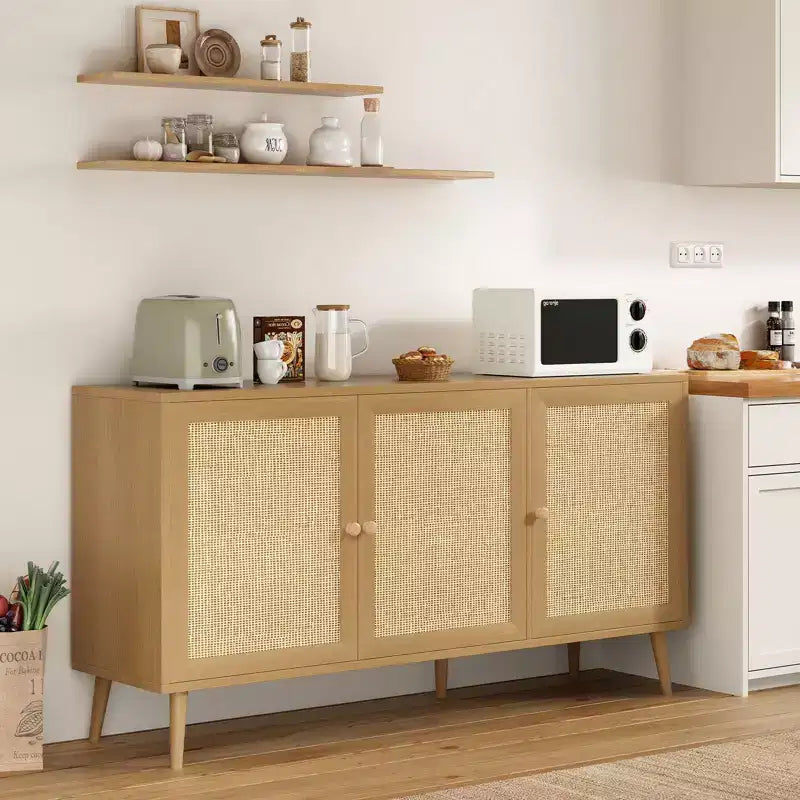 Wood Rattan 3-Door Kitchen Storage Cabinet 59"W x 16"D x 31"H