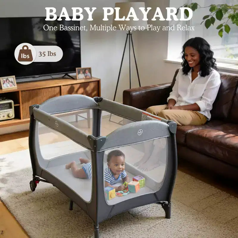 Polyester 4-in-1 Portable Playard with Bassinet, Changing Table, and Canopy