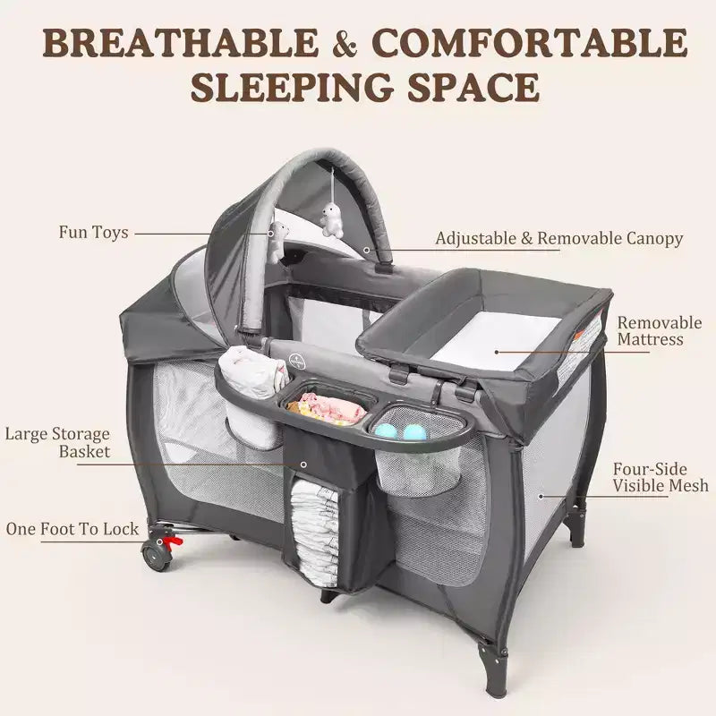 Polyester 4-in-1 Portable Playard with Bassinet, Changing Table, and Canopy