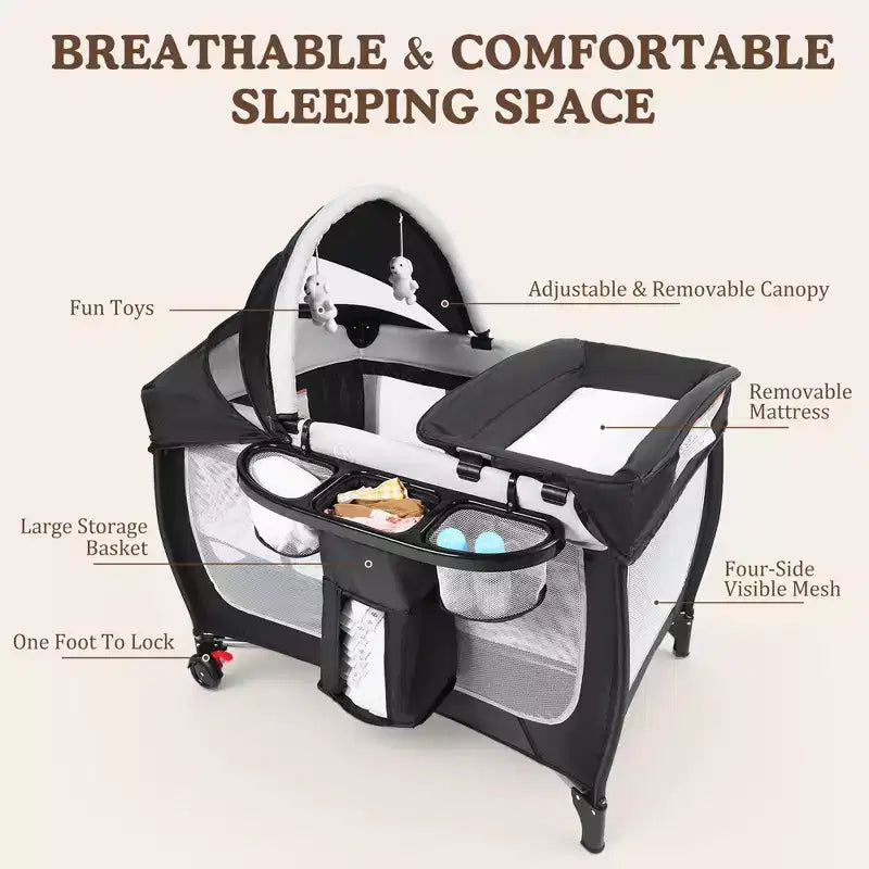 Polyester 4-in-1 Portable Playard with Bassinet, Changing Table, and Canopy