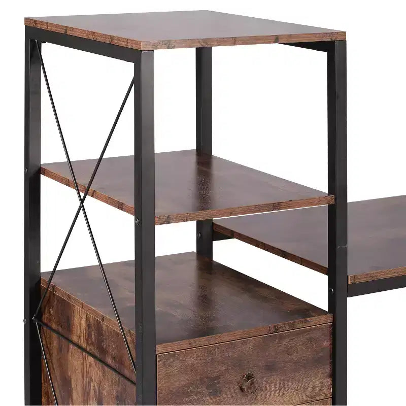 Wood Computer Desk with Drawer, Storage Cabinet, and Bookshelf