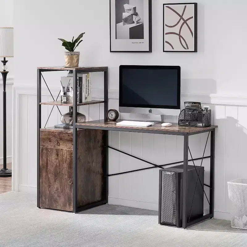 Wood Computer Desk with Drawer, Storage Cabinet, and Bookshelf