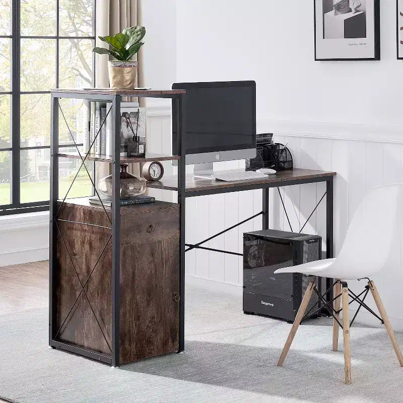 Wood Computer Desk with Drawer, Storage Cabinet, and Bookshelf