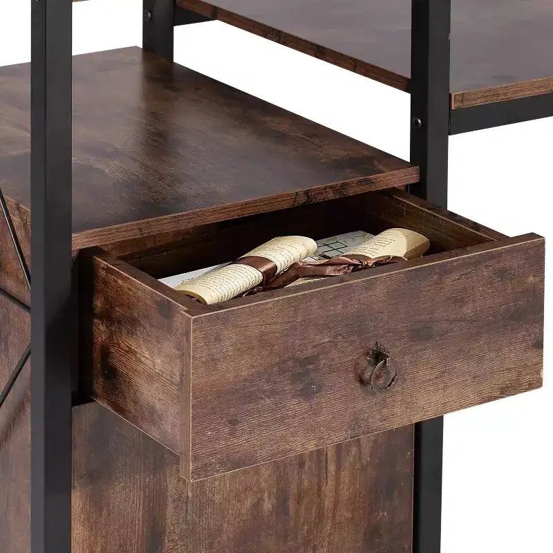 Wood Computer Desk with Drawer, Storage Cabinet, and Bookshelf