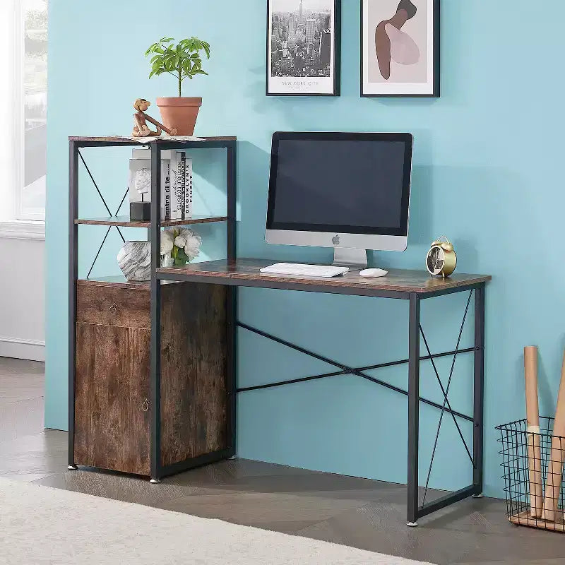 Wood Computer Desk with Drawer, Storage Cabinet, and Bookshelf