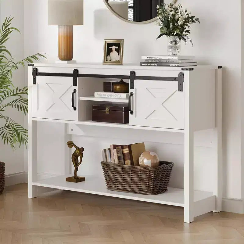 RoyalCraft Farmhouse Entryway Console Table with Storage Shelves, Sliding Barn Door and Spacious Tabletop for Living Room or Foyer, White