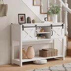 Console de ferme en bois avec porte de grange coulissante et étagères de rangement