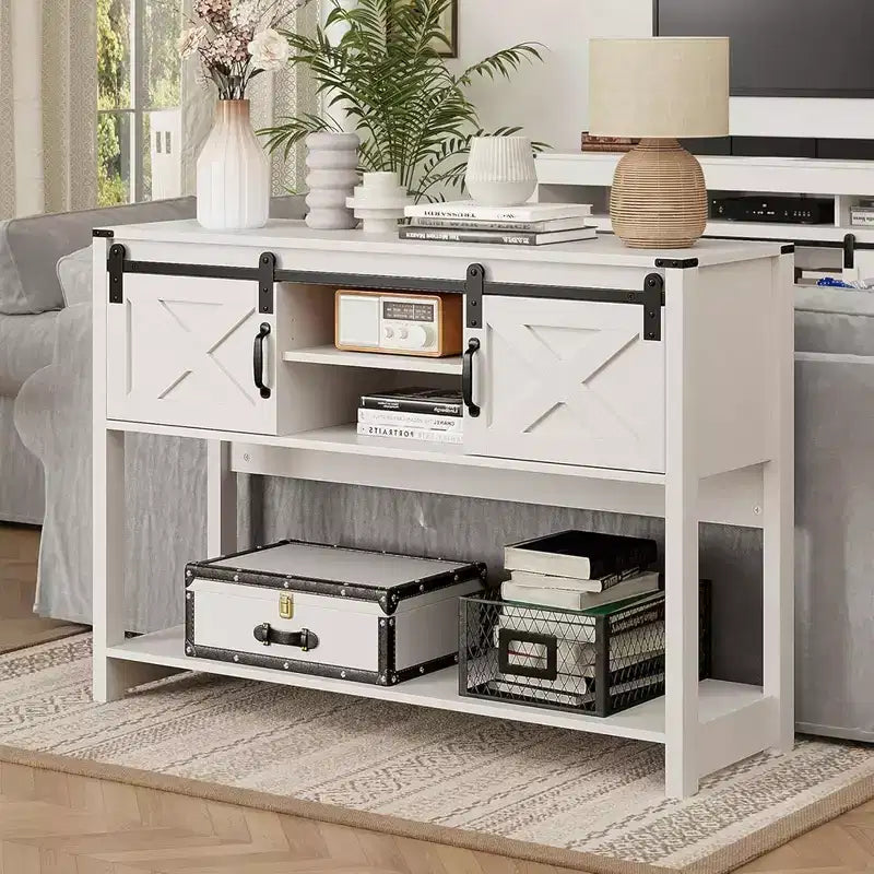 Wood Farmhouse Console Table with Sliding Barn Door and Storage Shelves