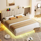 DobleePy Floating Bed Frame with Storage Headboard, LED Lights, USB Charging Station, Solid Wood Slats, Beige, Noise-Free, Easy Assembly