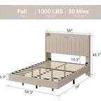 Lit plateforme flottant à lattes en bois rembourré avec tête de lit de rangement et lumières LED