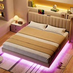 Lit plateforme flottant à lattes en bois rembourré avec tête de lit de rangement et lumières LED