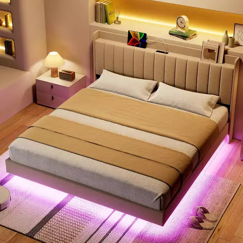 Upholstered Wood Slat Floating Platform Bed with Storage Headboard and LED Lights