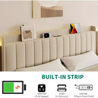 Lit plateforme flottant à lattes en bois rembourré avec tête de lit de rangement et lumières LED