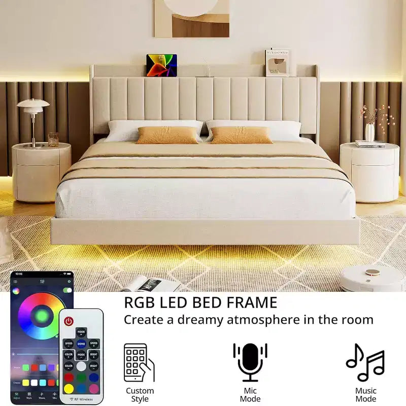 Upholstered Wood Slat Floating Platform Bed with Storage Headboard and LED Lights